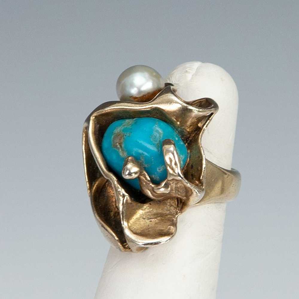 Rebajes Modernist Sterling Turquoise and Pearl Ri… - image 1