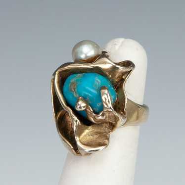 Rebajes Modernist Sterling Turquoise and Pearl Ri… - image 1