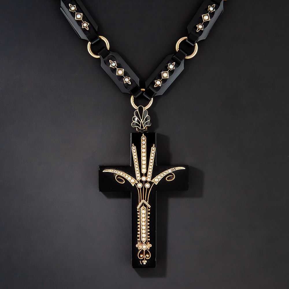 Victorian Onyx and Pearl Cross with Chain - image 1