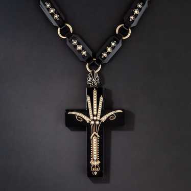 Victorian Onyx and Pearl Cross with Chain - image 1