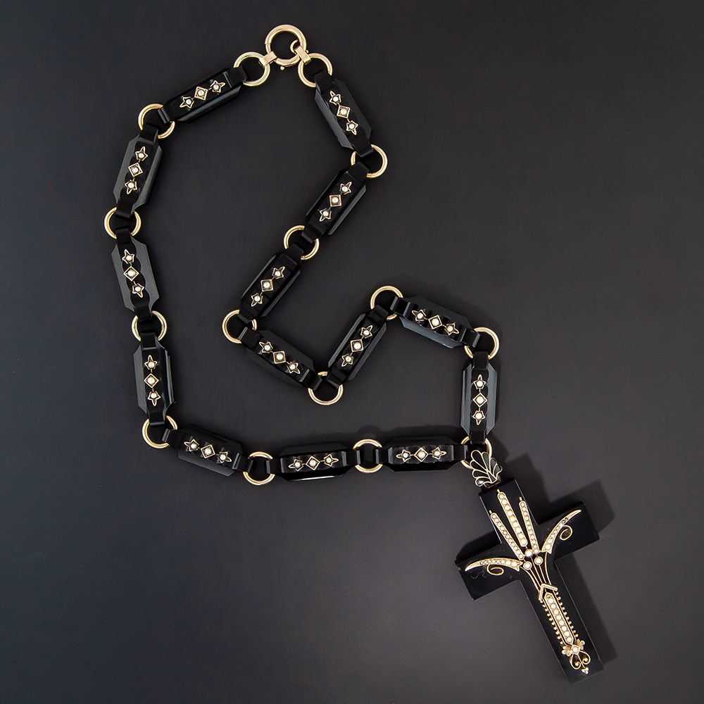 Victorian Onyx and Pearl Cross with Chain - image 2