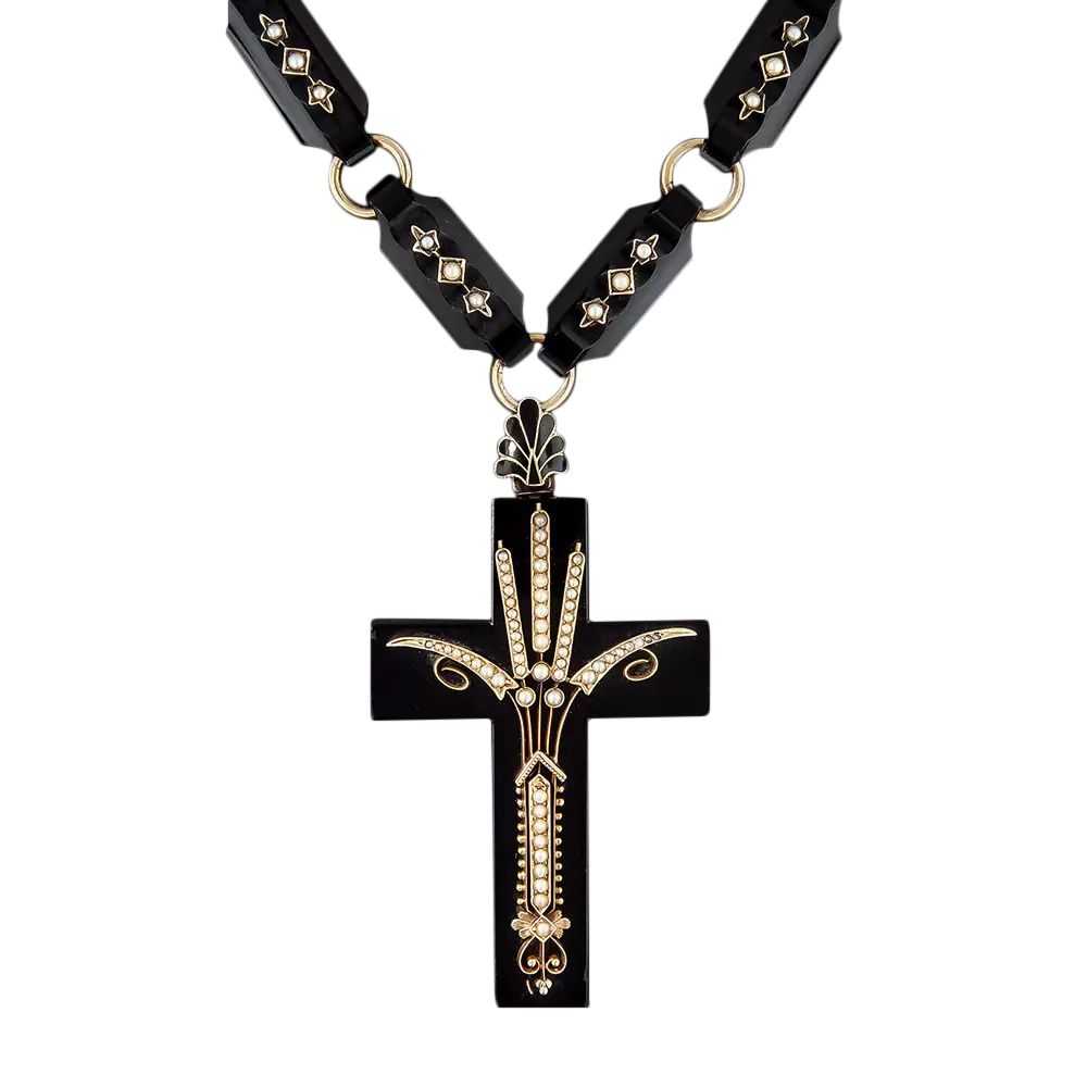 Victorian Onyx and Pearl Cross with Chain - image 3