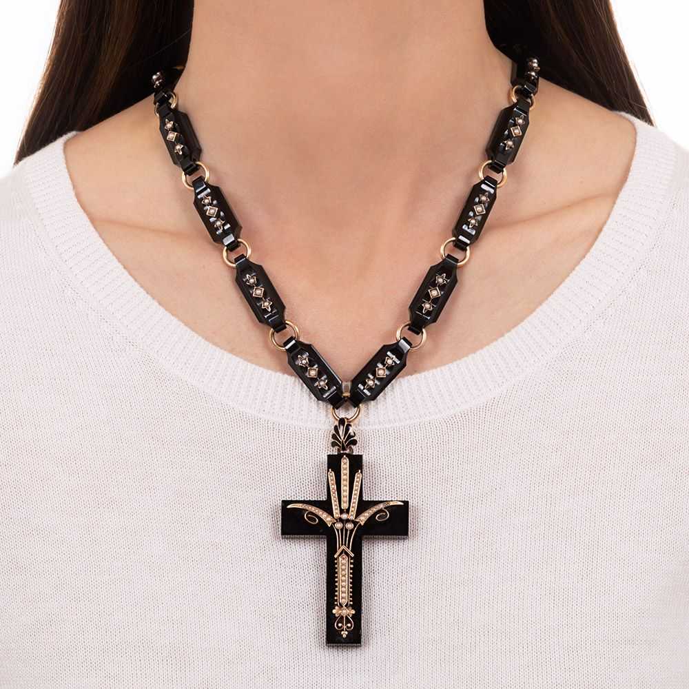 Victorian Onyx and Pearl Cross with Chain - image 4