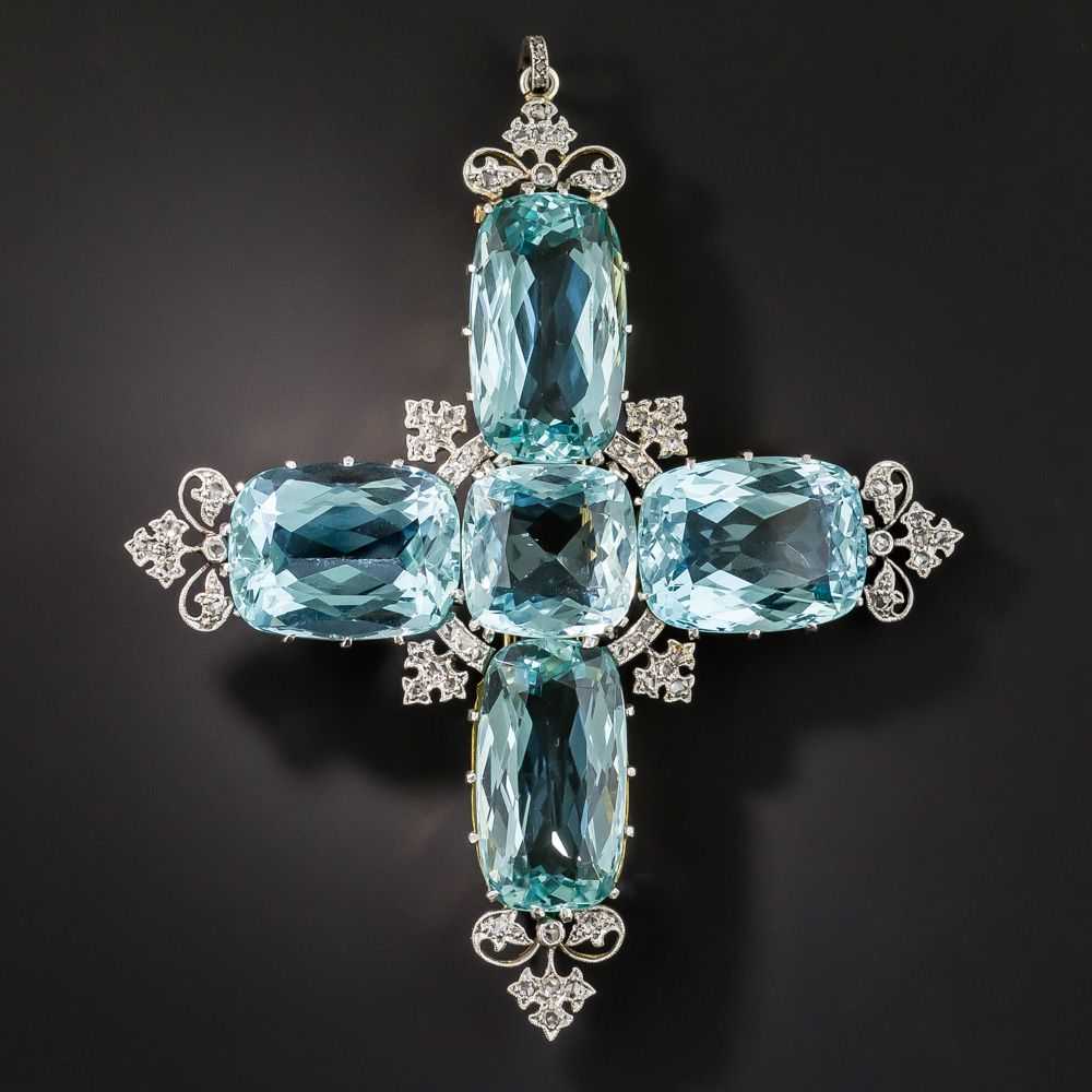 Large Edwardian Aquamarine and Diamond Cross Pend… - image 1