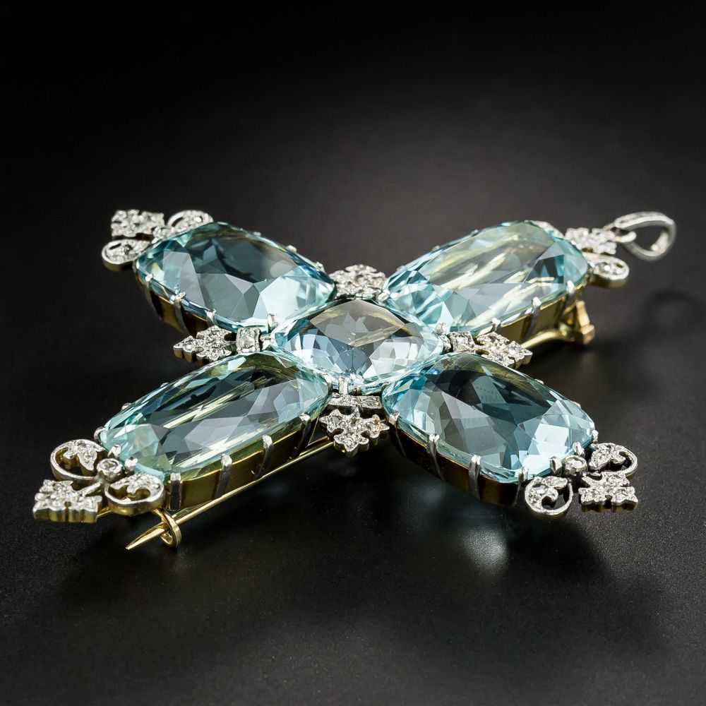 Large Edwardian Aquamarine and Diamond Cross Pend… - image 3