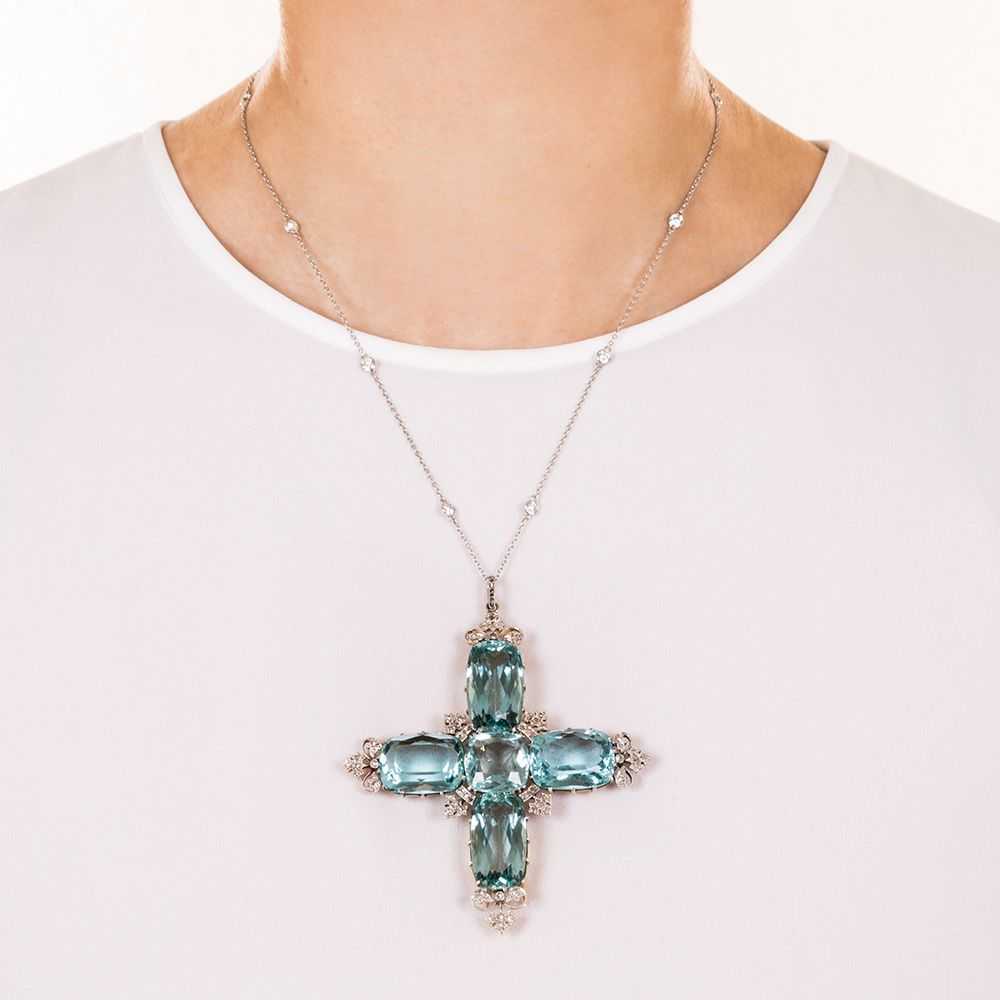 Large Edwardian Aquamarine and Diamond Cross Pend… - image 5