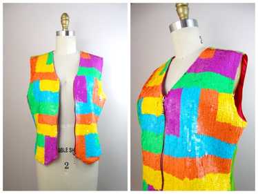 Neon Sequin Retro Color Block Vest / Bright Color… - image 1