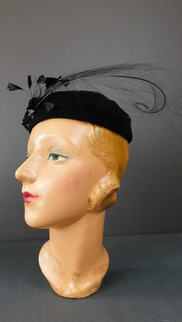 Vintage 1940s Black Sequin & Feather Hat, 21 inch 