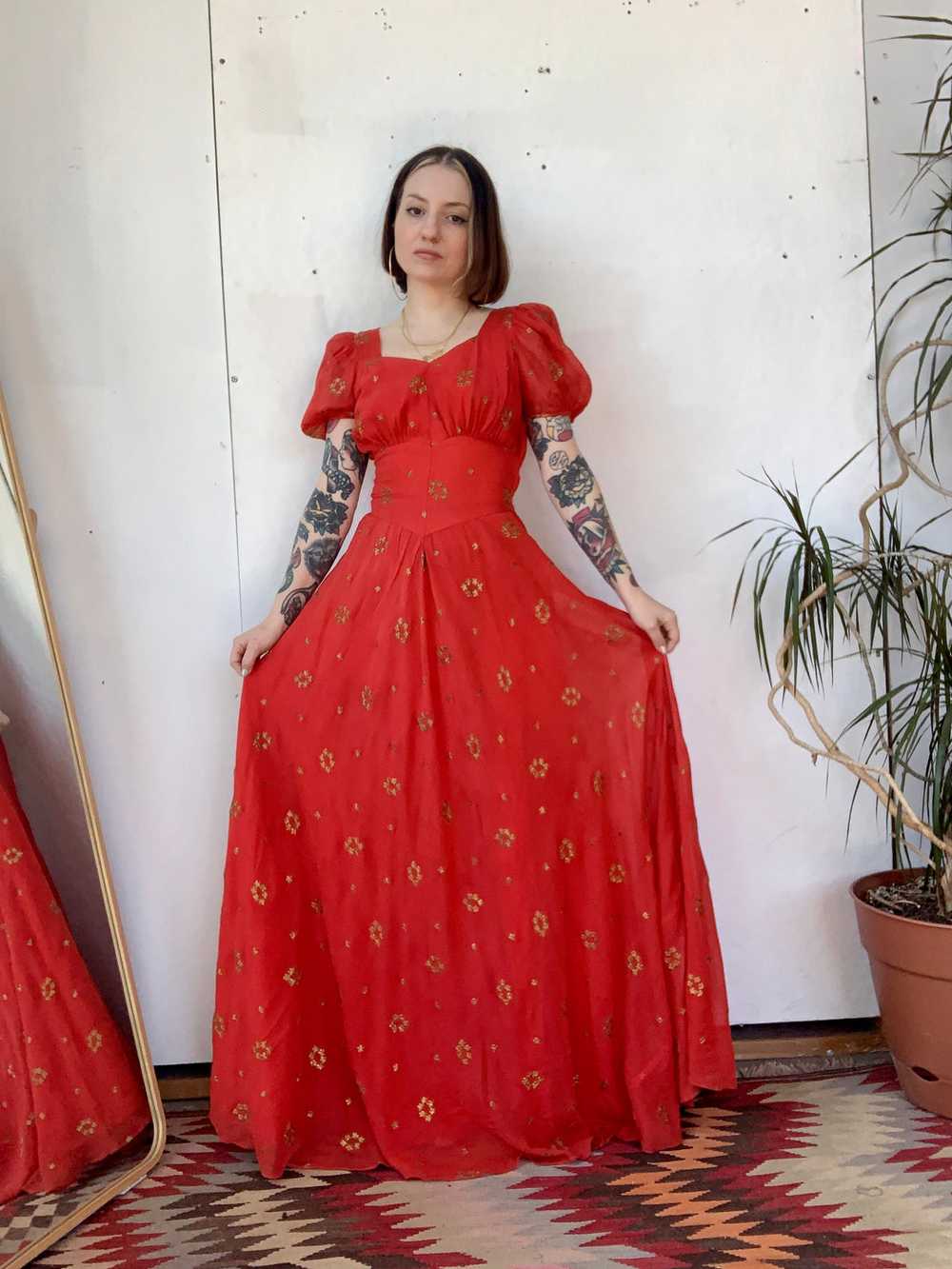 1930s Embroidered Coral Gown - image 3