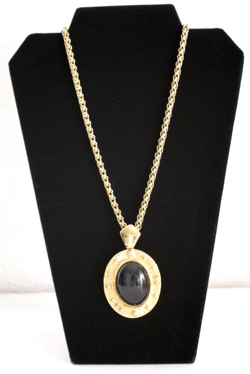 Large Black Oval Pendant Necklace w/ Gold Frame a… - image 1