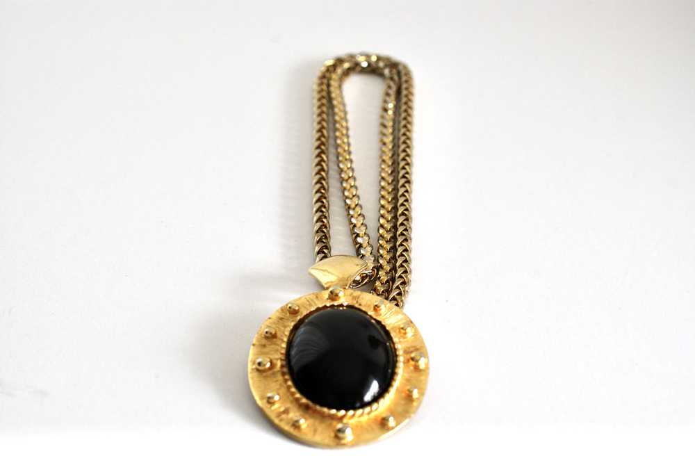 Large Black Oval Pendant Necklace w/ Gold Frame a… - image 2