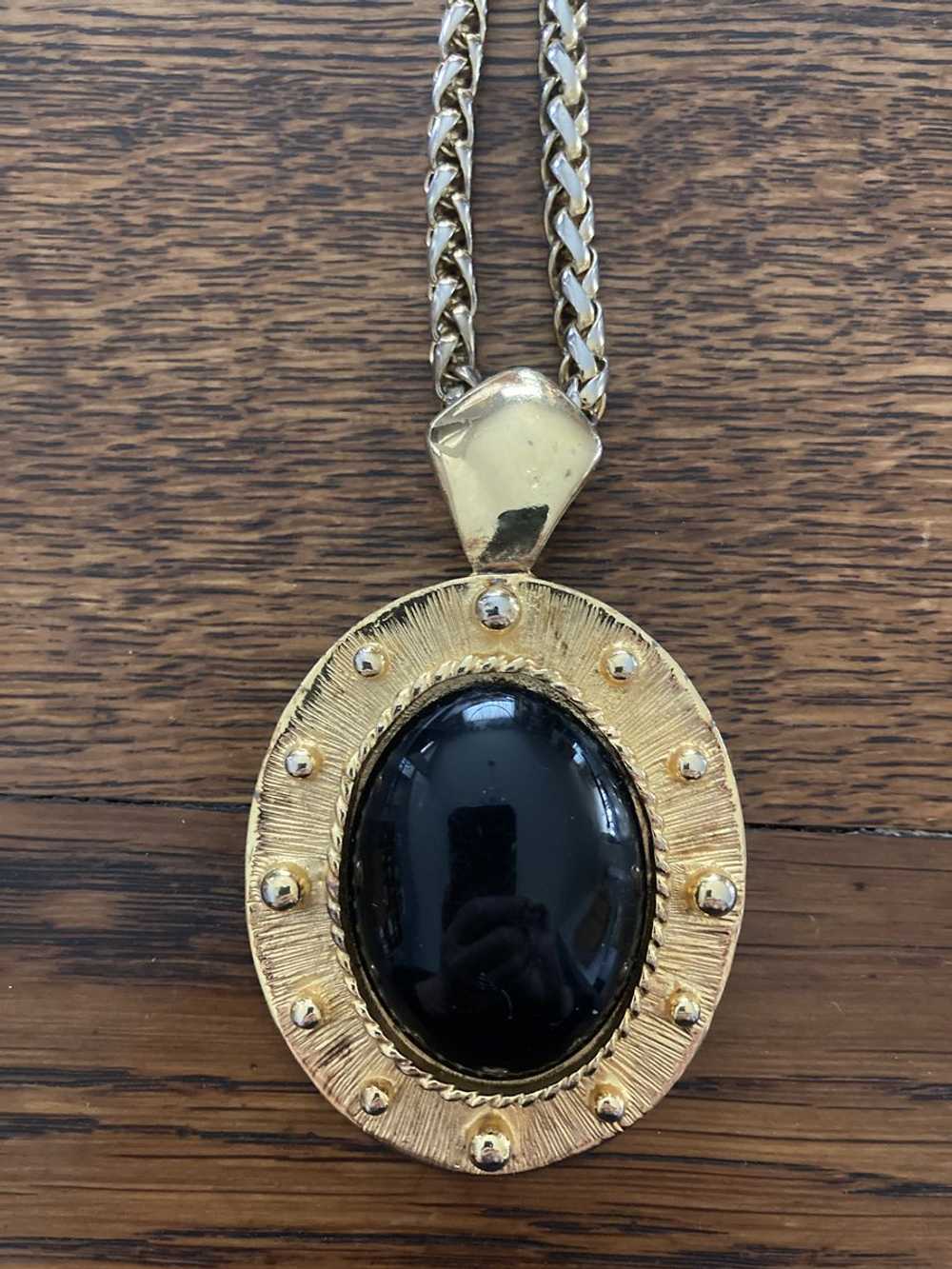 Large Black Oval Pendant Necklace w/ Gold Frame a… - image 3