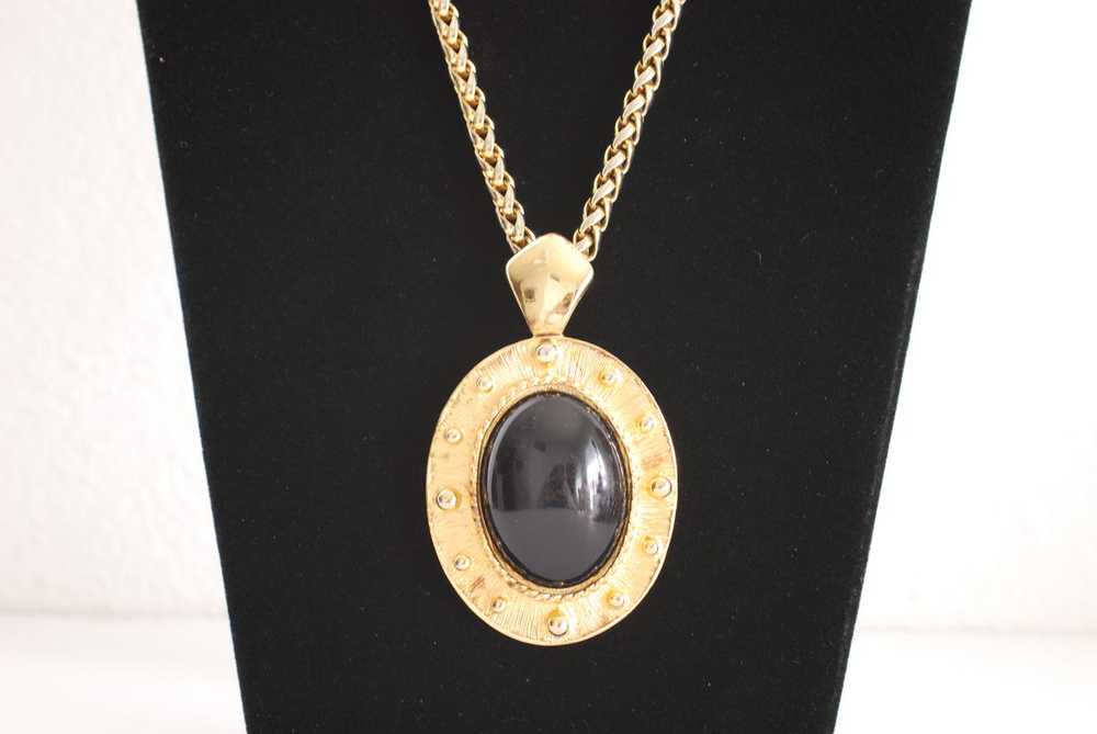 Large Black Oval Pendant Necklace w/ Gold Frame a… - image 4