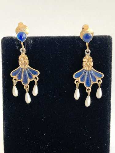Vintage Blue Enamel, Faux Pearl and Gold-Tone Ear… - image 1