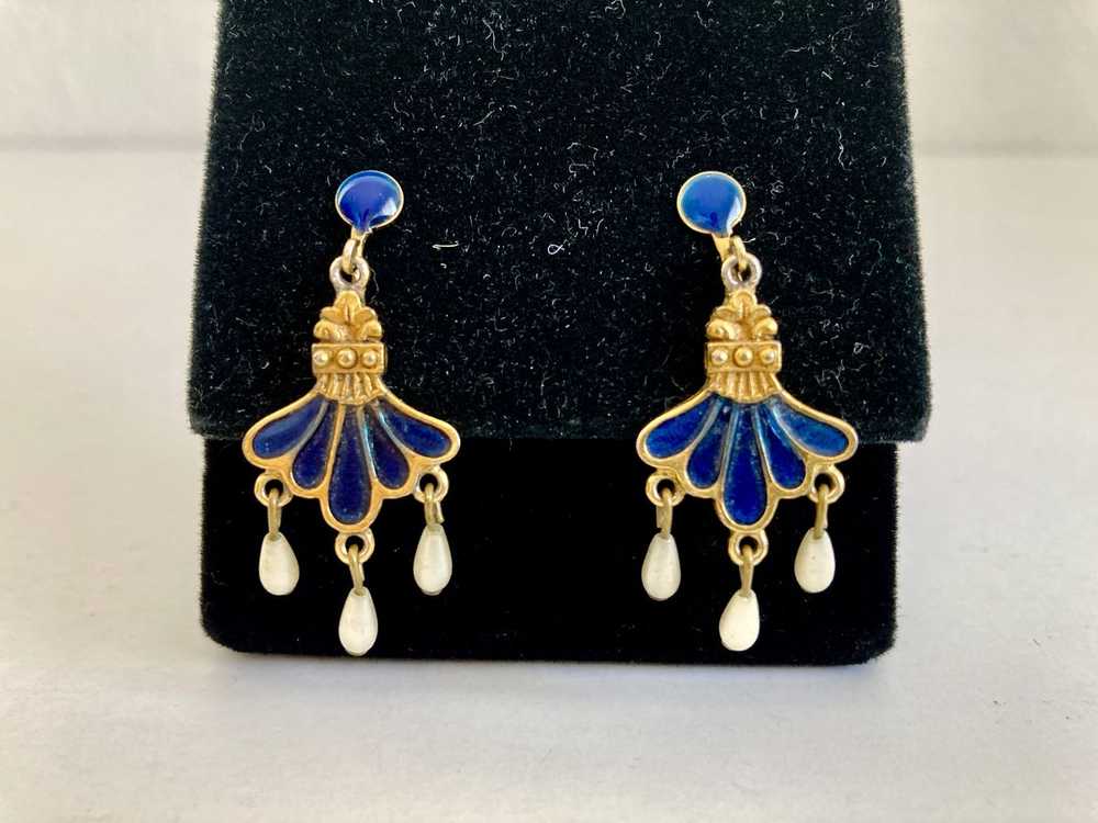 Vintage Blue Enamel, Faux Pearl and Gold-Tone Ear… - image 2