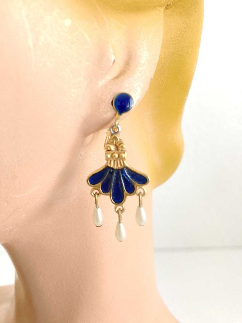 Vintage Blue Enamel, Faux Pearl and Gold-Tone Ear… - image 3