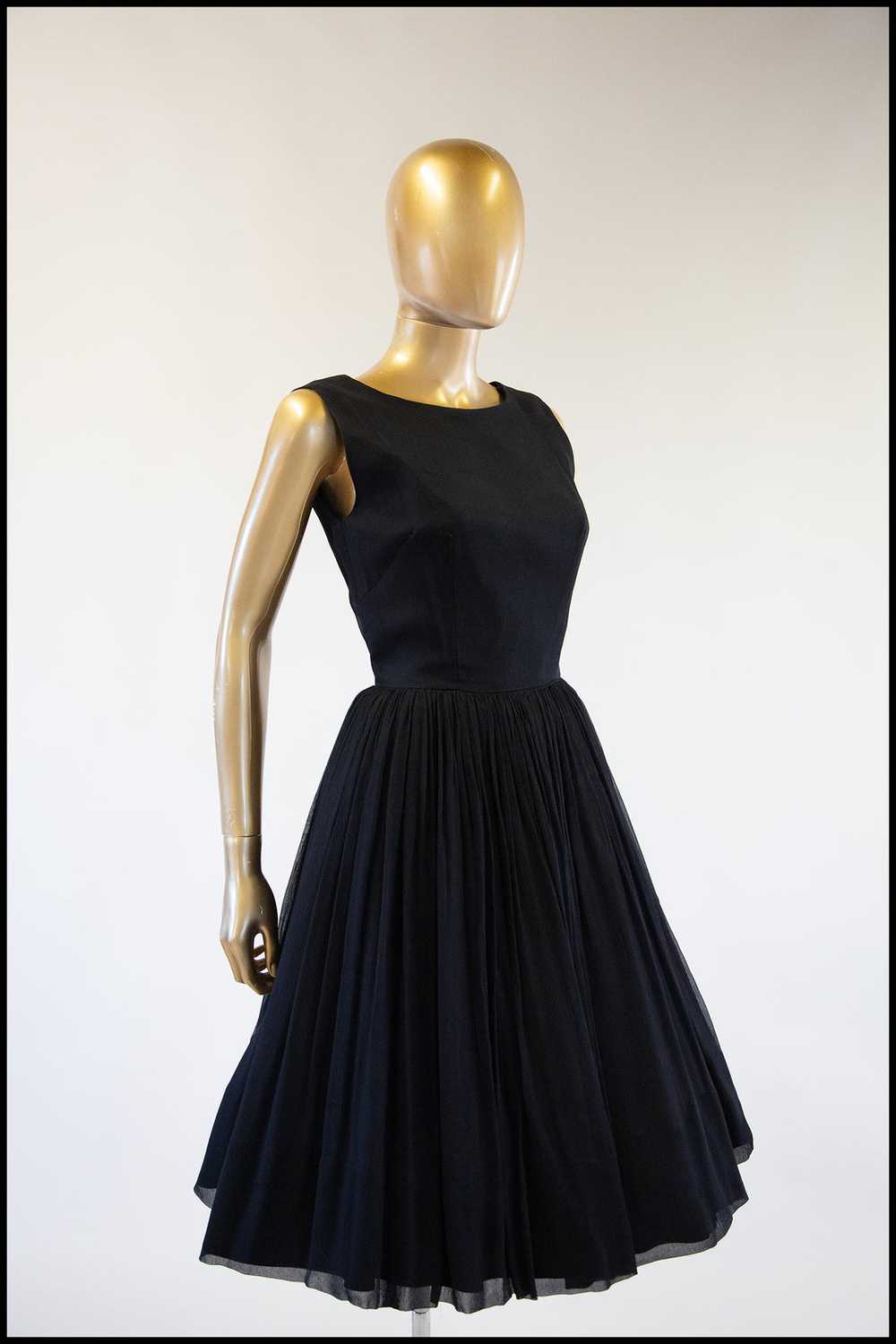 Vintage S Black Silk Chiffon Midi Dress Gem