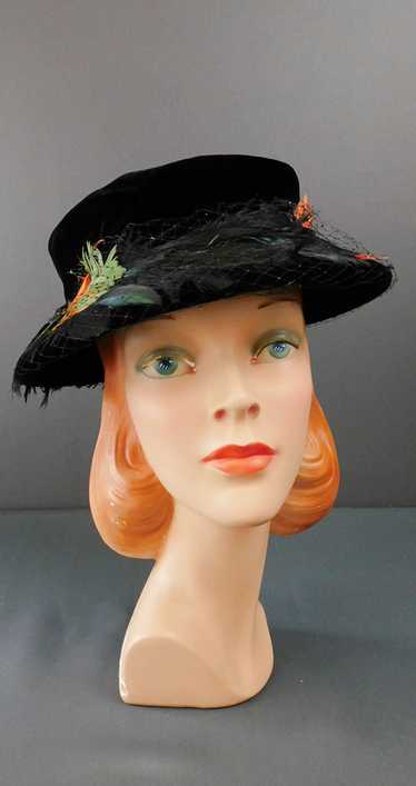 Vintage Black Velvet 1940s Hat with Black, Orange 