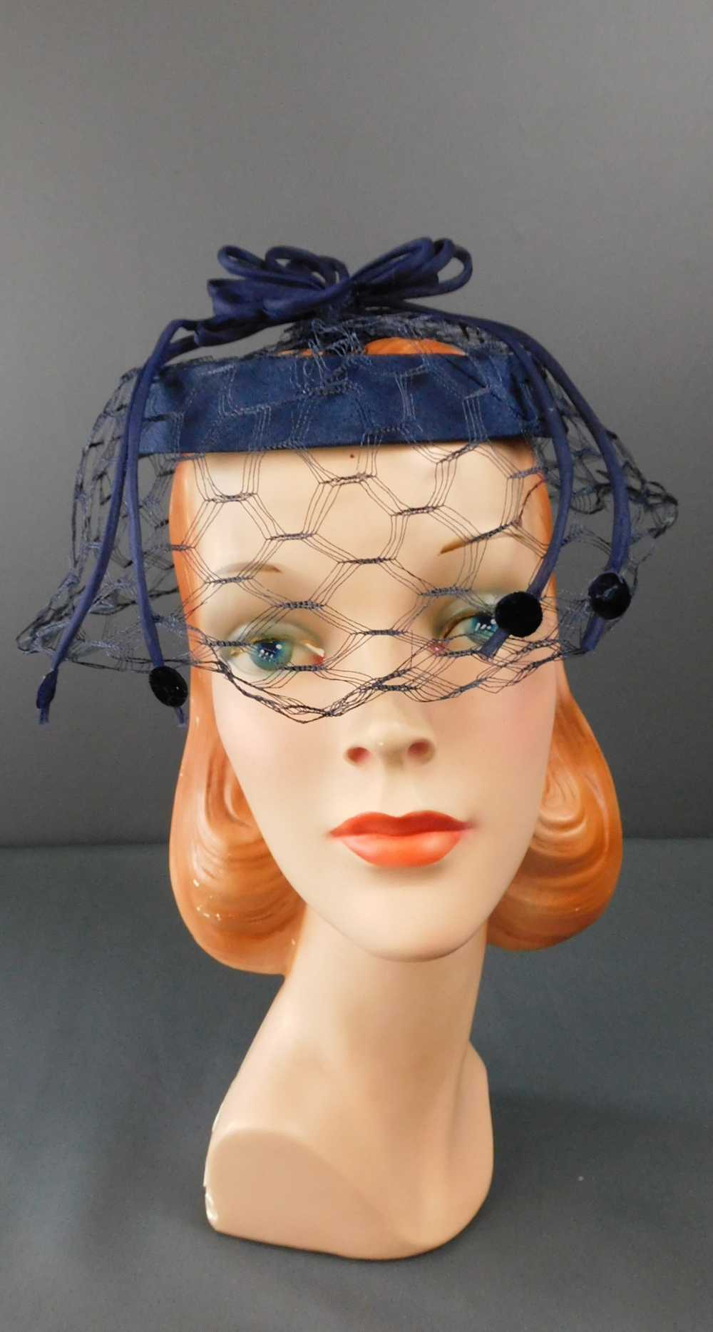 Vintage Midnight Blue Ring Hat with Veil and Orga… - image 1