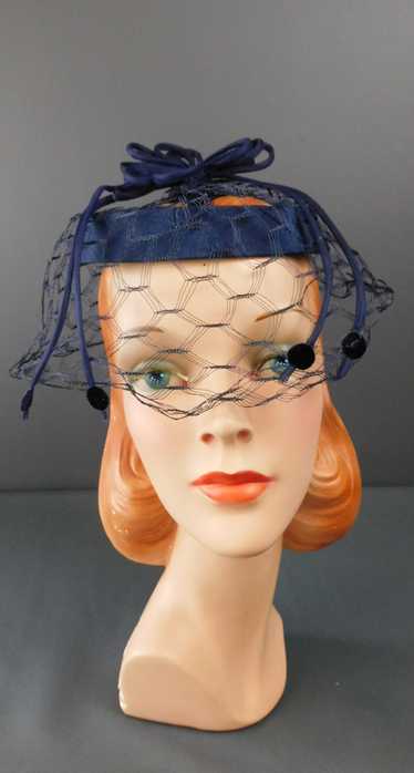 Vintage Midnight Blue Ring Hat with Veil and Orga… - image 1