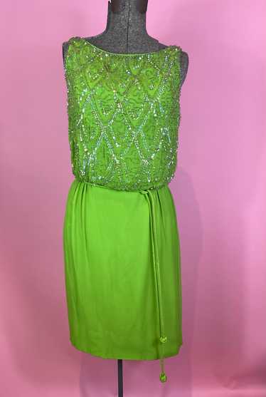 1960s Mardi Gras New York Green Satin Beaded Dress