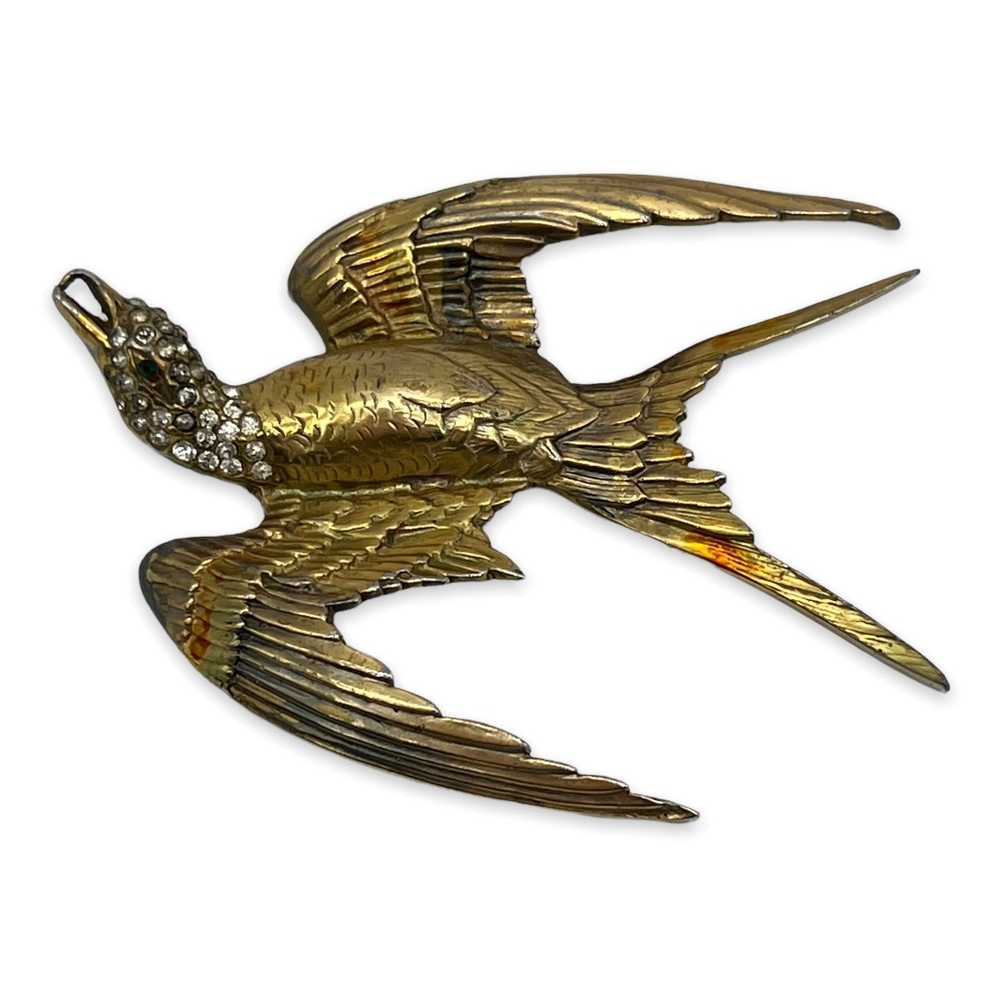 Vintage Rhinestone Pot Metal Flying Bird Brooch - image 1