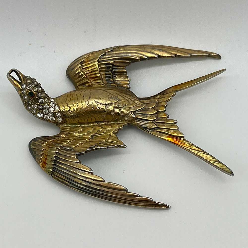 Vintage Rhinestone Pot Metal Flying Bird Brooch - image 2
