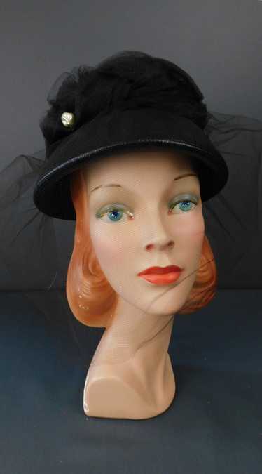 Vintage 1960s Black Straw Hat with Tulle and Face 