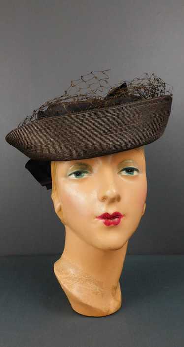 Vintage 1930s Brown Straw Tilt Hat with Large Bow,