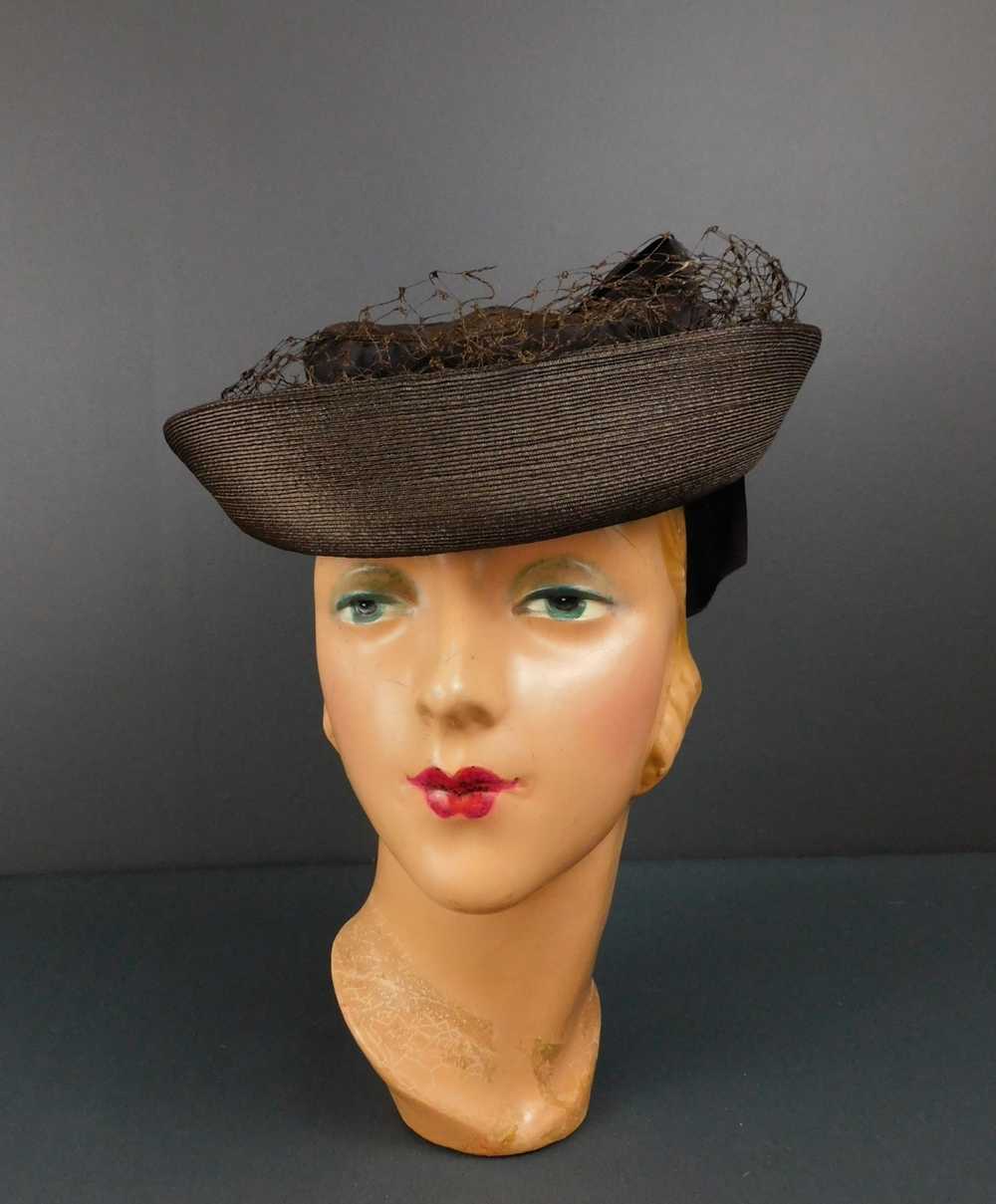 Vintage 1930s Brown Straw Tilt Hat with Large Bow… - image 2