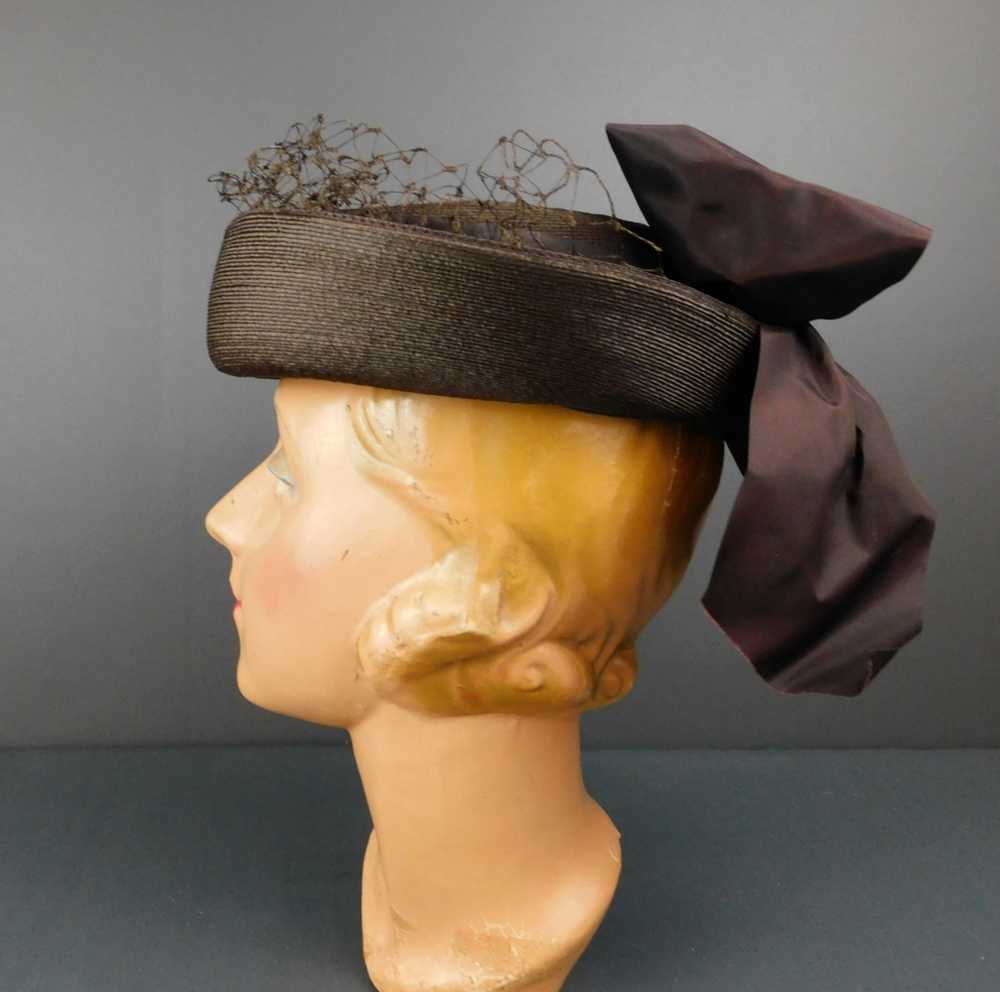 Vintage 1930s Brown Straw Tilt Hat with Large Bow… - image 4