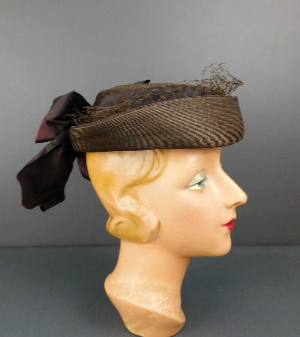 Vintage 1930s Brown Straw Tilt Hat with Large Bow… - image 6