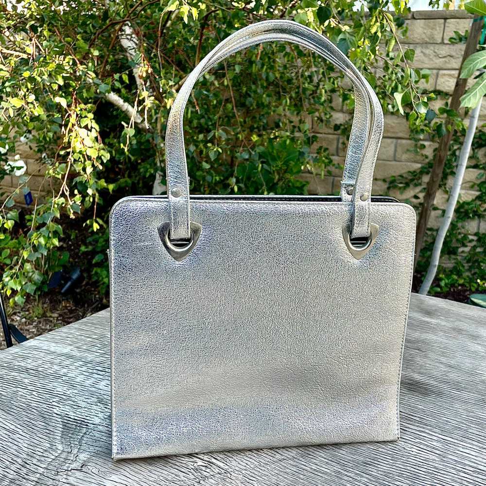 Vintage 60s Metallic Silver Handbag/Tote, Faux Le… - image 12