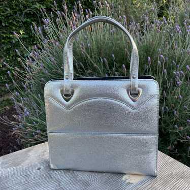 Vintage 60s Metallic Silver Handbag/Tote, Faux Le… - image 1