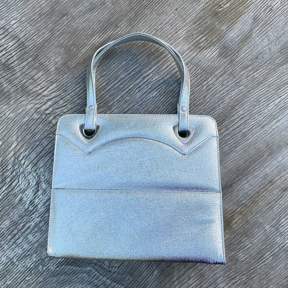 Vintage 60s Metallic Silver Handbag/Tote, Faux Le… - image 2