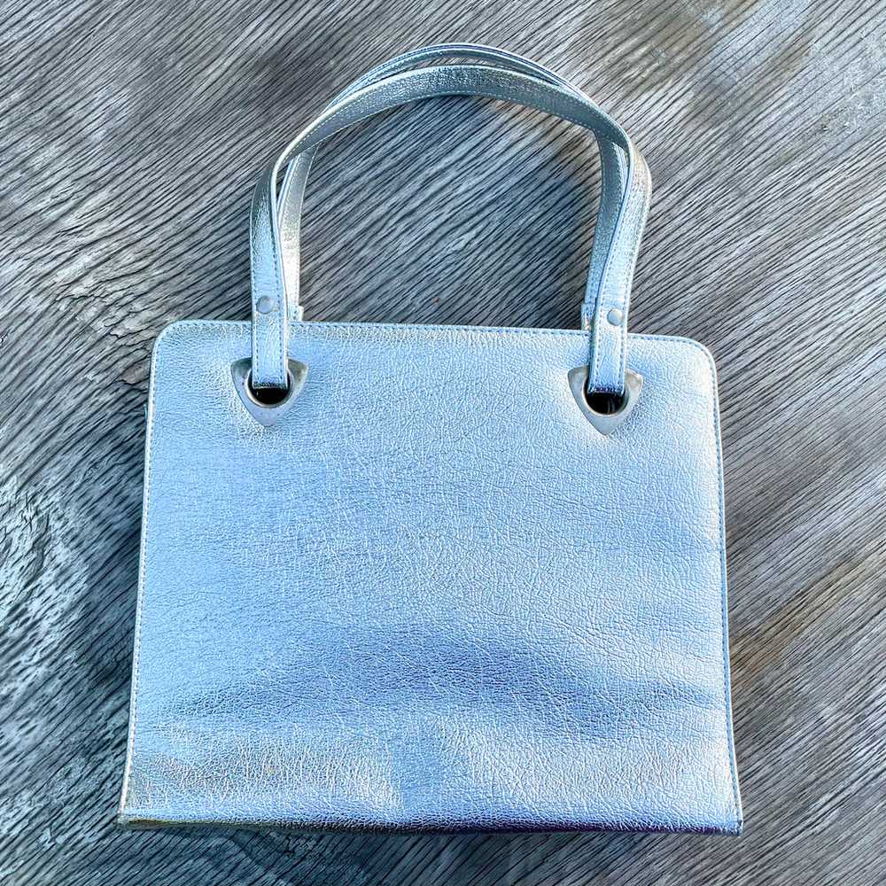 Vintage 60s Metallic Silver Handbag/Tote, Faux Le… - image 3