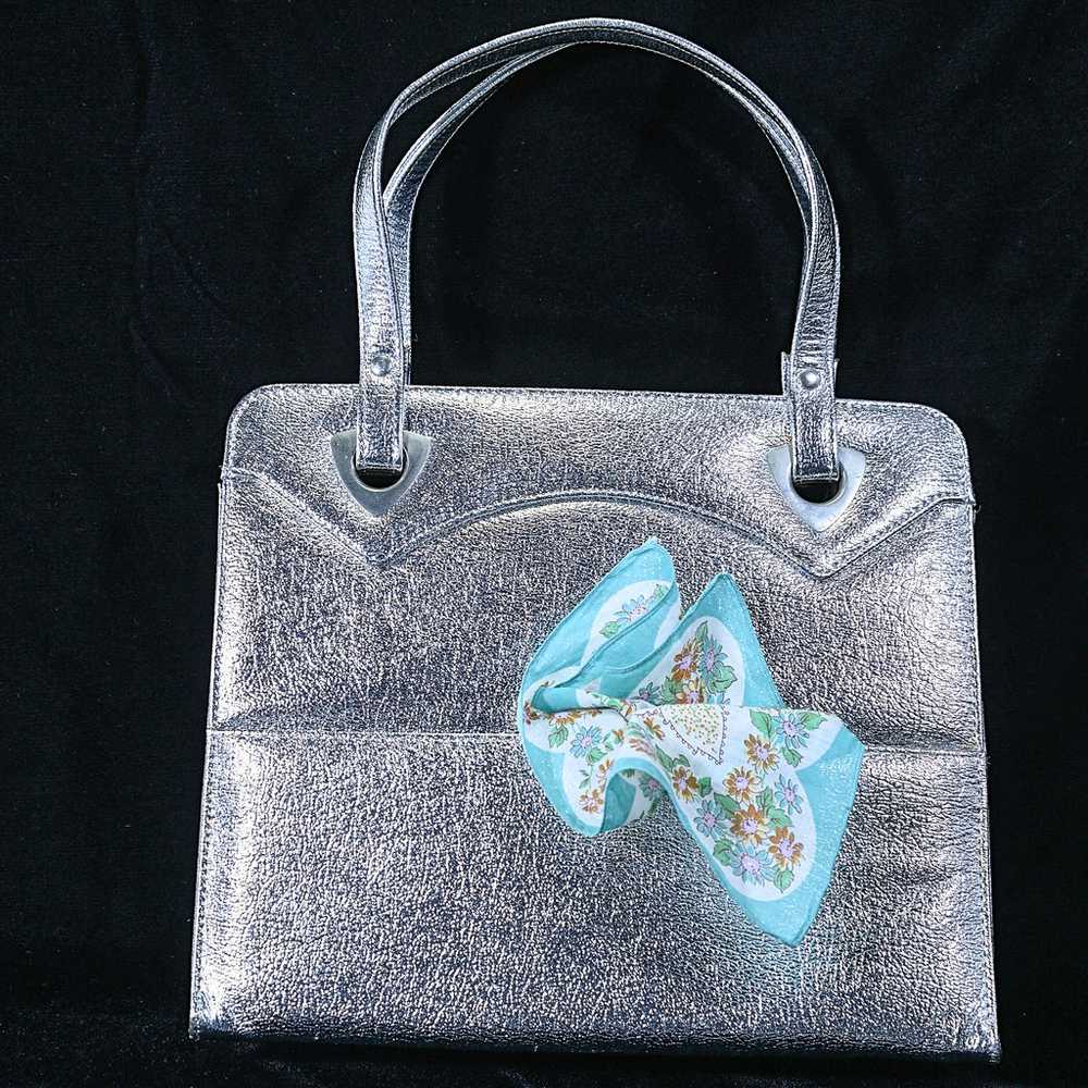 Vintage 60s Metallic Silver Handbag/Tote, Faux Le… - image 4