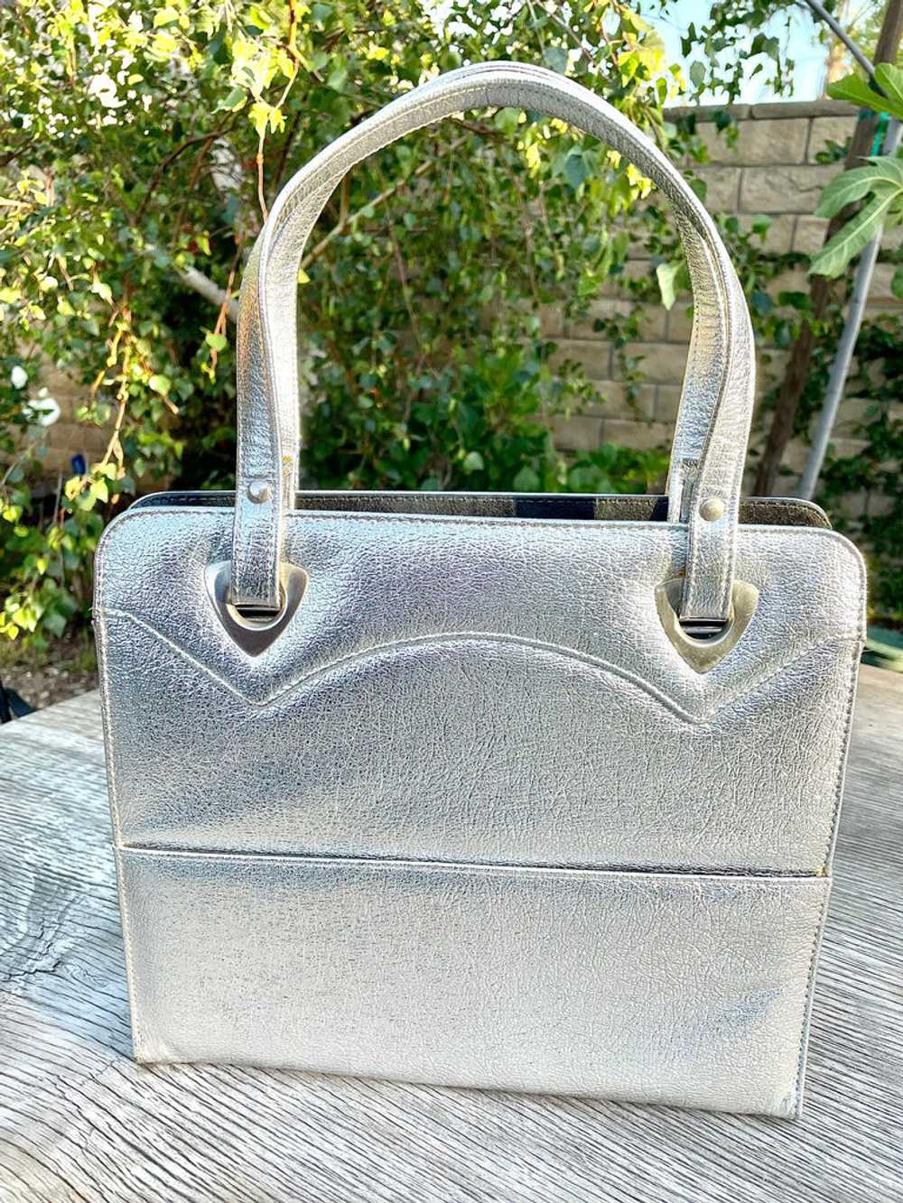 Vintage 60s Metallic Silver Handbag/Tote, Faux Le… - image 8