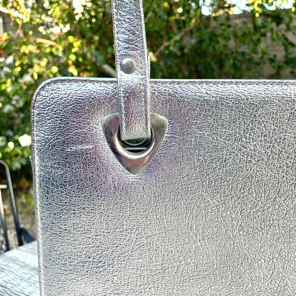 Vintage 60s Metallic Silver Handbag/Tote, Faux Le… - image 9