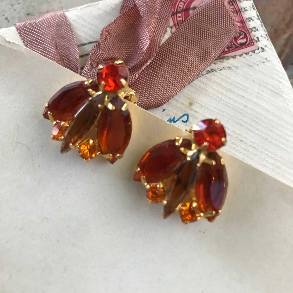 Orange Rhinestone Clip Earrings - image 1