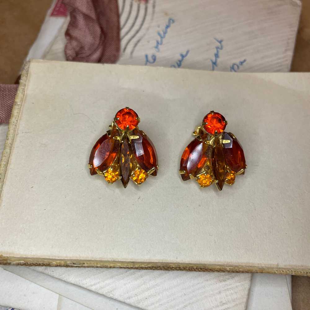 Orange Rhinestone Clip Earrings - image 2
