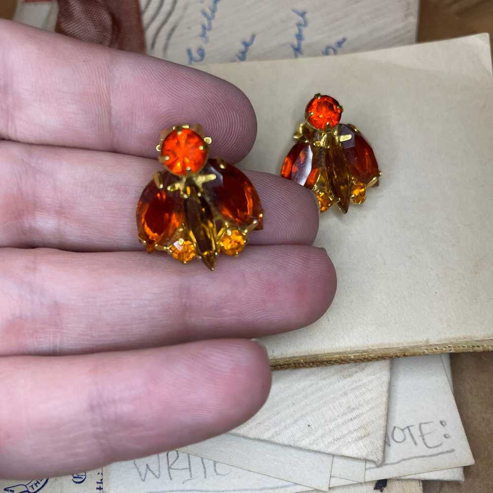 Orange Rhinestone Clip Earrings - image 4