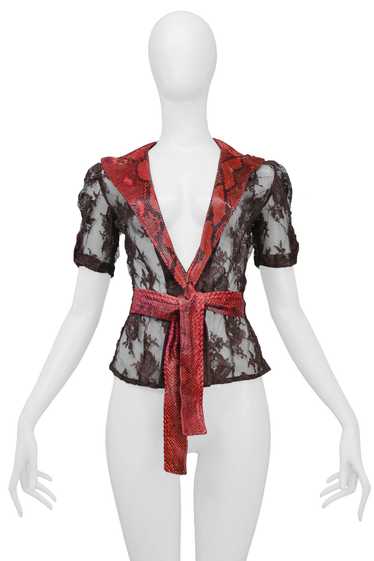 DOLCE & GABBANA BROWN LACE TOP WITH RED PYTHON TRI