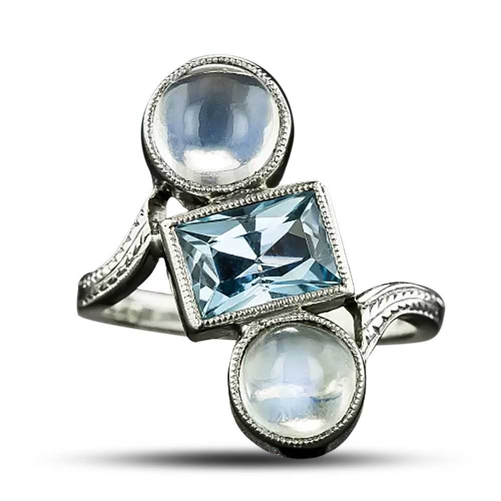 Art Deco Moonstone and Aquamarine Dinner Ring - image 4