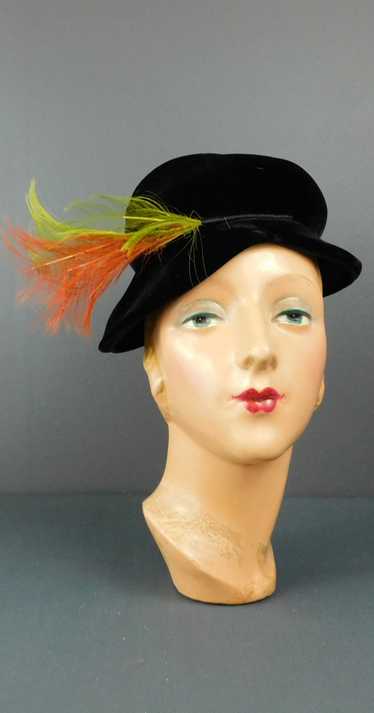 Vintage Black Velvet Hat 1960s with Green & Orange