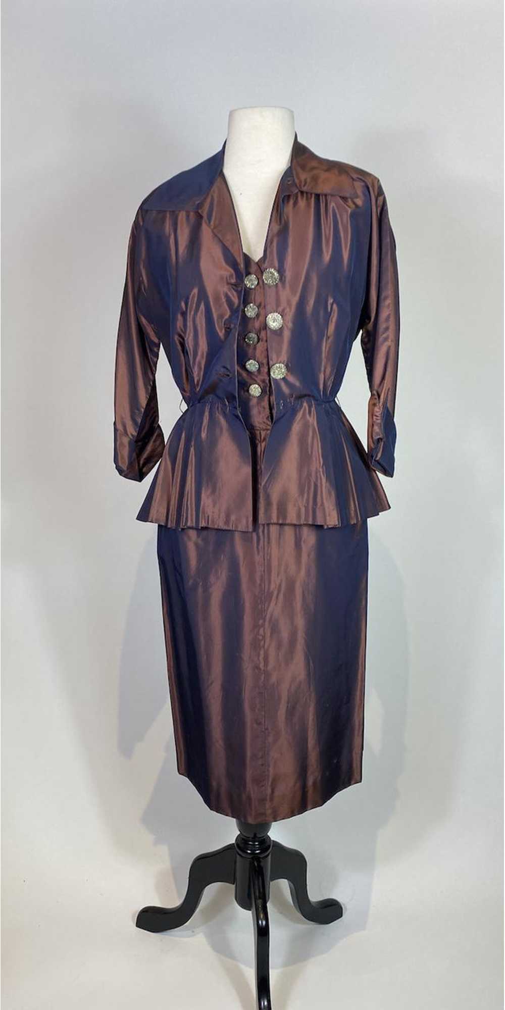 1950s Brown Silk Taffeta Dress and Jacket Set - image 1