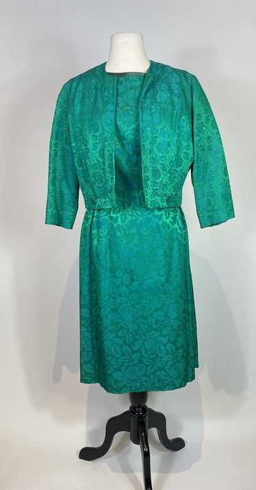 1960s Blue Green Jacquard Dress and Jacket Set