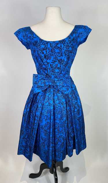 1950s Blue Floral Velvet Party Dress - image 1