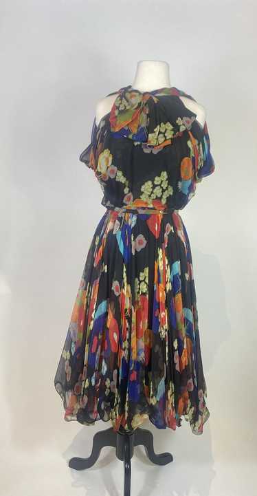 1950s - 1960s Silk Chiffon Floral Bow Front Dress - image 1