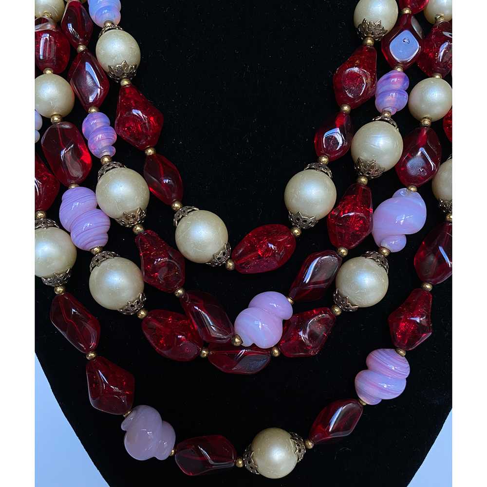 Trifari 4-strand Art Glass and Faux Pearl Necklace - image 4
